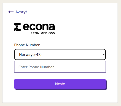 Skjermbilde av telefonfelt ved opprettelse av bruker på econa.no