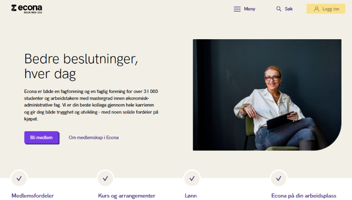 Skjermbilde fra econa.no: finn logg inn-knappen