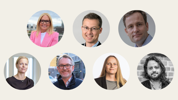 kollasj av 7 forskjellige personer på beige bakgrunn