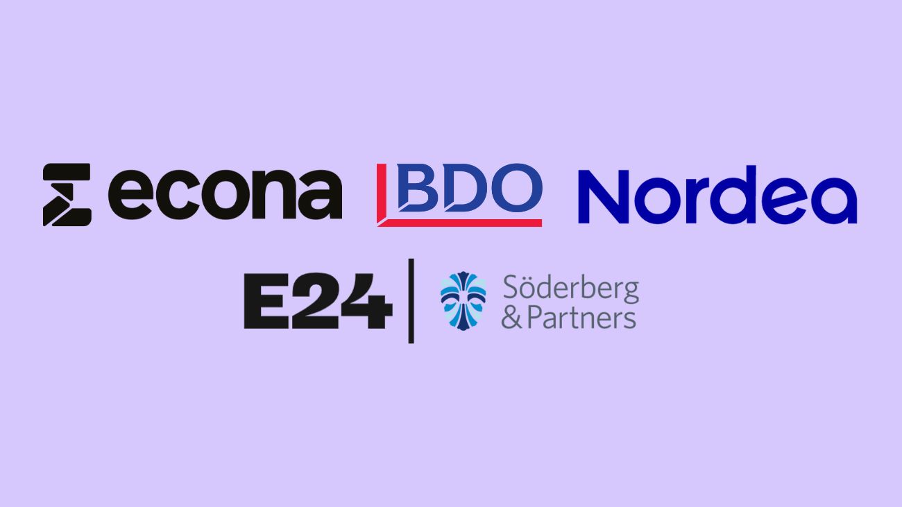 Econas samarbeidspartnere for NM i økonomi 2023 sine logoer: BDO, Nordea, E24 og Søderberg og Partners