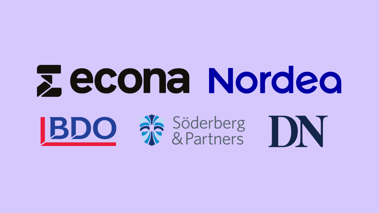 Econas samarbeidspartnere for NM i økonomi 2024 sine logoer: BDO, Nordea, Dagens Næringsliv og Søderberg og Partners