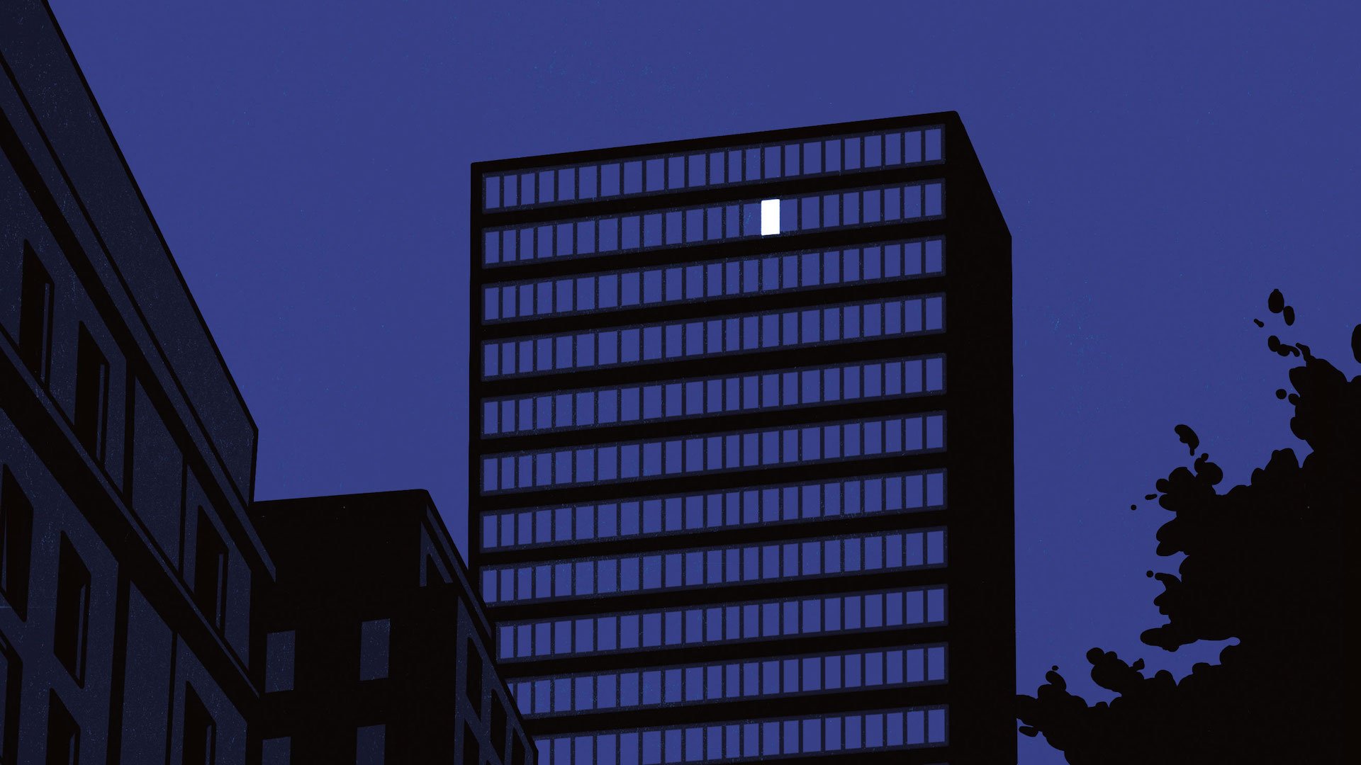 Illustrasjon av mørkt kontorbygg med lys i ett enkelt vindu på toppen