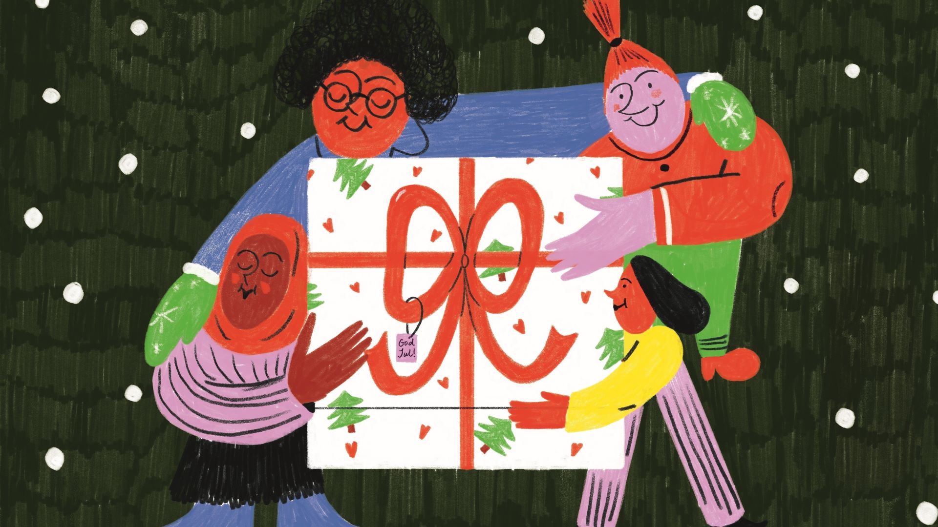 Illustrasjon av tre personer som klemmer rundt en stor julegave.