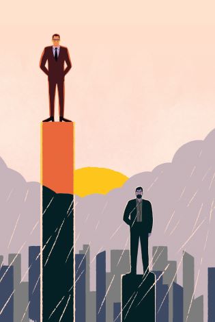 Illustrasjon av hierarki i arbeidslivet, med to menn i dress der en har klatret høyere.