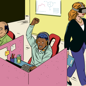 Illustrasjon av ansatte på et kontor i fremtiden, der en bruker AR-briller mens hun går bortover