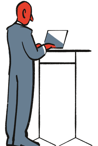 Illustrasjon av mann i dress som står og jobber på PC på et høyt skrivebord.