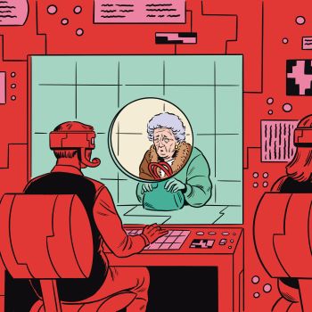 Illustrasjon av eldre dame som ser nervøst på en veldig digitalisert mann i andre enden av skranken. Illustrasjonen viser til digitalisering og menneske mot maskin.