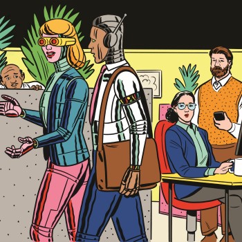 Illustrasjon av et kontorlandskap der de menneskelige ansatte ser skeptisk på deres robot-kollegaer som spaserer i kontorlandskapet.