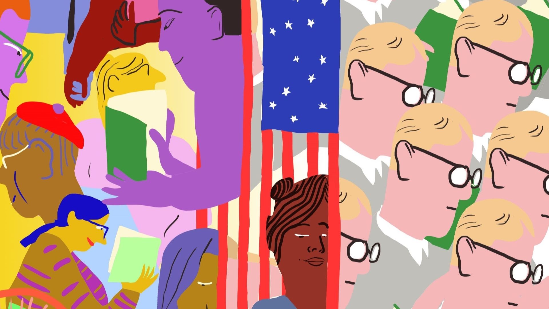 Fargerik illustrasjon av det amerikanske flagget som skiller masse forskjellige mennesker på en side og Donald Trump på andre siden.